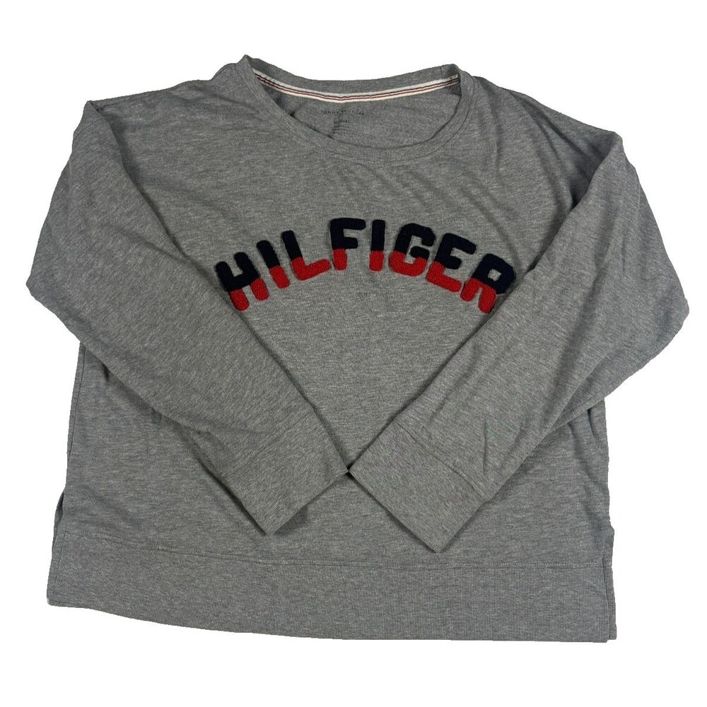 Tommy Hilfiger Women XL Gray Chenille Spellout Crewneck Sweatshirt Preppy